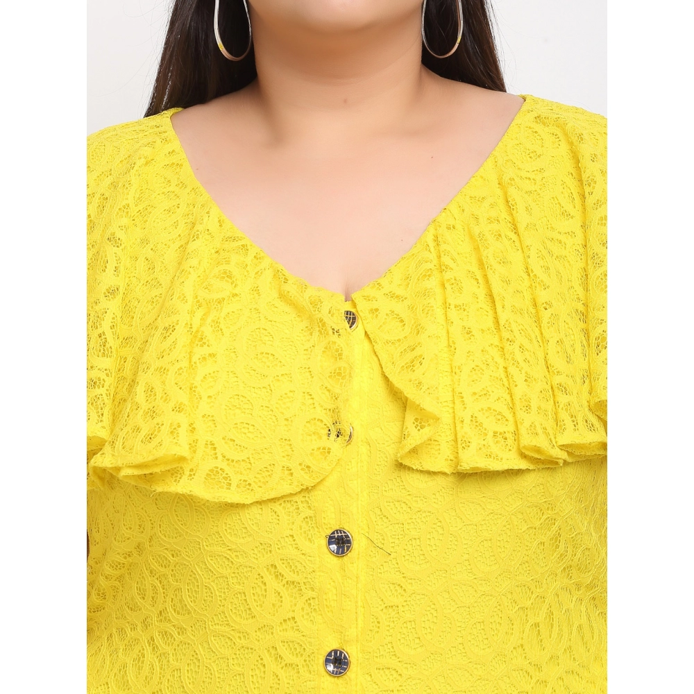 Women's Net Solid Knee Length Fit and Flare Dress (Yellow) - Image 4