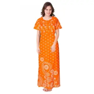 Women's Cotton Printed Maxi Nighty (Orange)