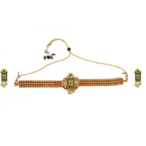Women's Elegent And Modern Gold Plated Chowker Set (Green, Free Size)