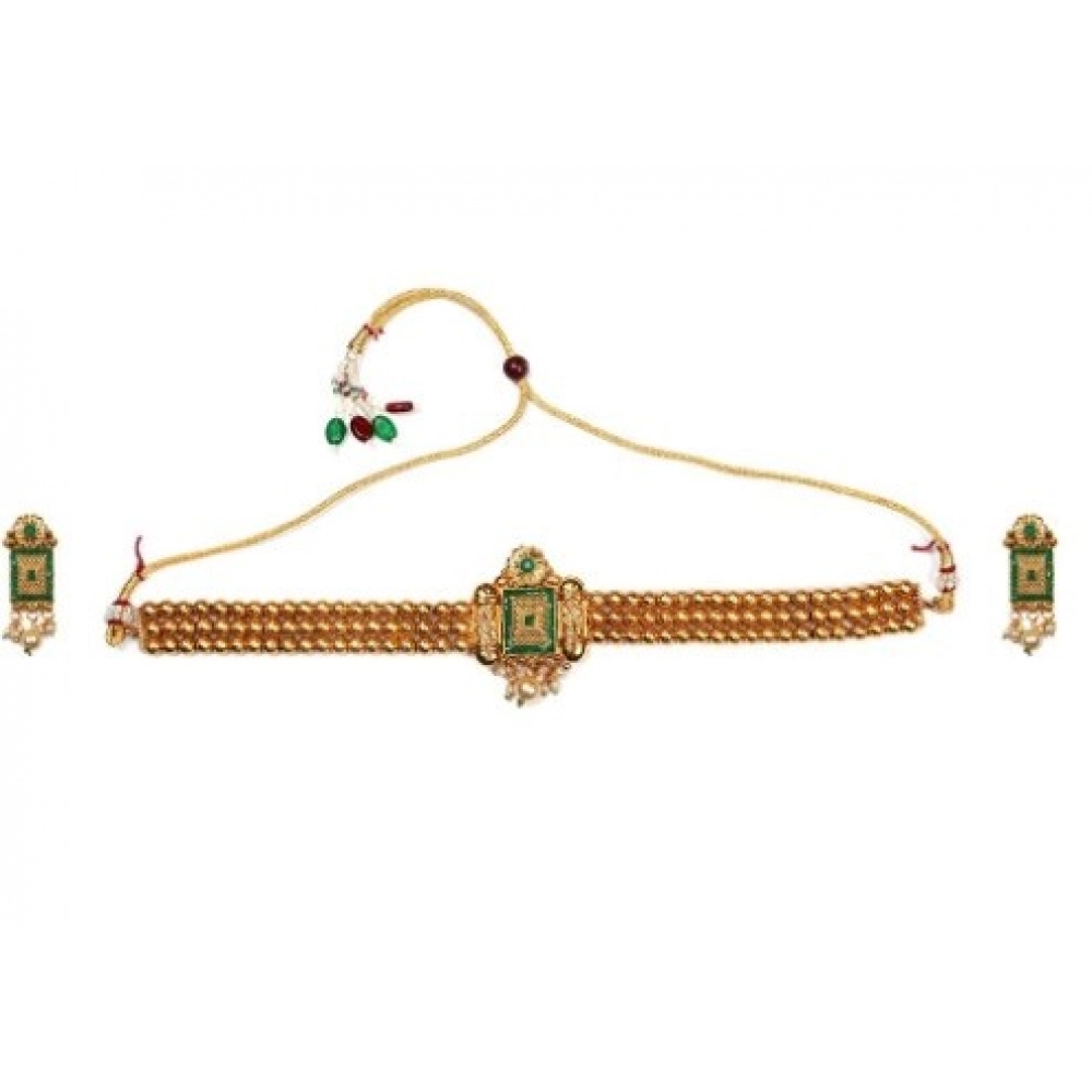 Women's Elegent And Modern Gold Plated Chowker Set (Green, Free Size)