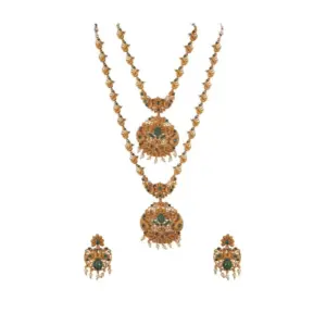 Women's Elegent And Modern Double Line Temple Jewellery Set (Green, Free Size)