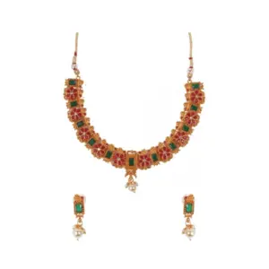 Women's Elegent Brass Chain Necklace Set (Red And Green, Free Size)
