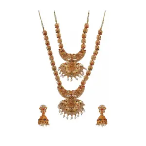 Women's Stunning Temple Jewellery Set (Red And Green, Free Size)