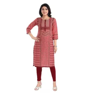 Women's 3/4th Sleeve Cotton Blend Tunic Long Kurti (Pink)