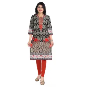 Women's 3/4th Sleeve Cotton Blend Tunic Long Kurti (Black)