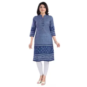 Women's 3/4th Sleeve Cotton Blend Tunic Long Kurti (Blue)