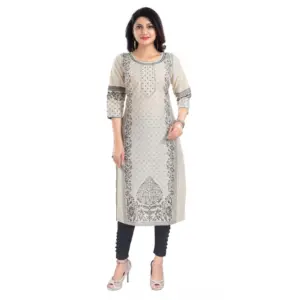 Women's 3/4th Sleeve Silk Blend Tunic Long Kurti (Beige)