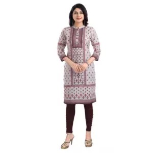 Women's 3/4th Sleeve Cotton Blend Tunic Long Kurti (Beige)