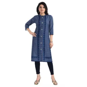 Women's 3/4th Sleeve Cotton Blend Tunic Long Kurti (Blue)