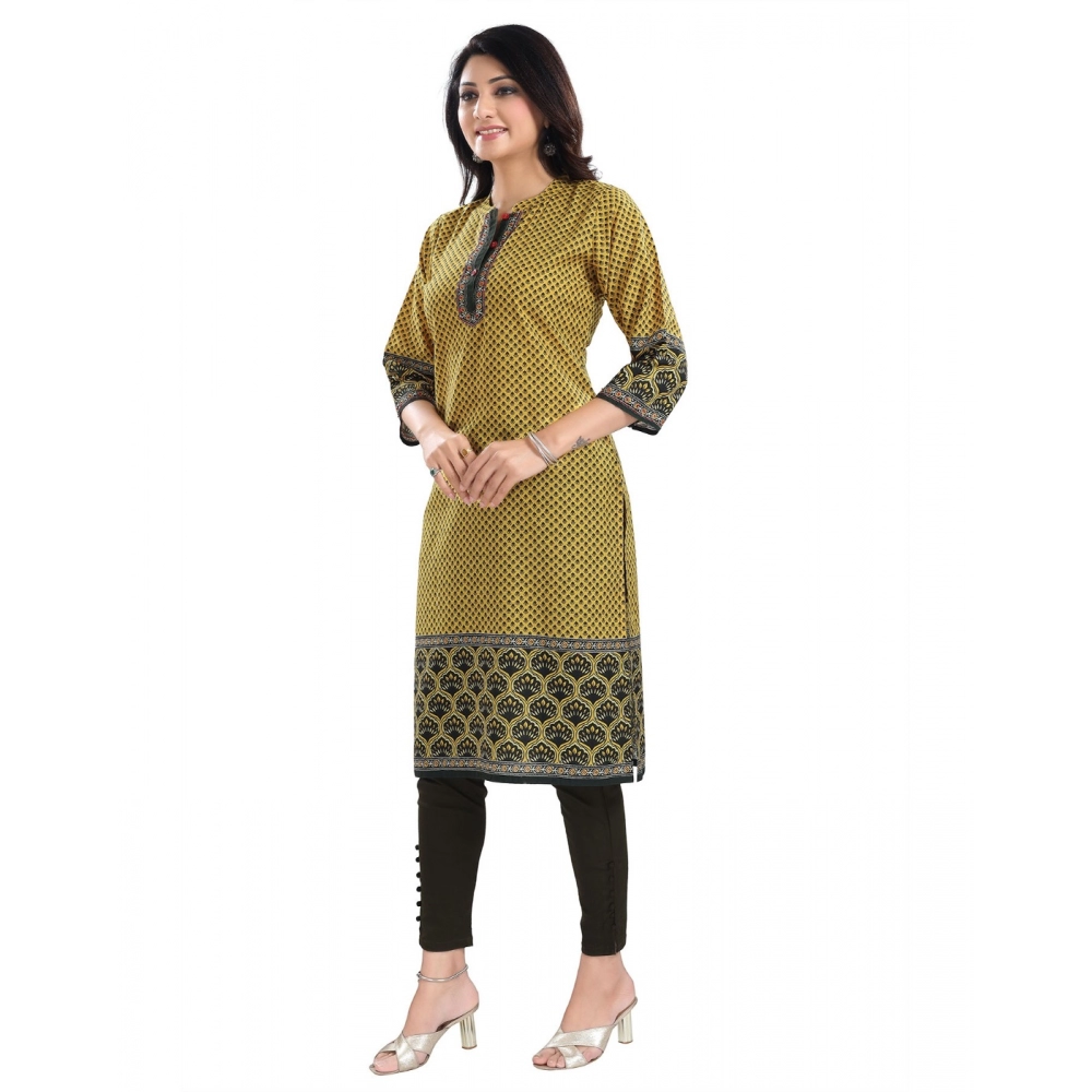 Women's 3/4th Sleeve Cotton Blend Tunic Long Kurti (Yellow) - Image 2