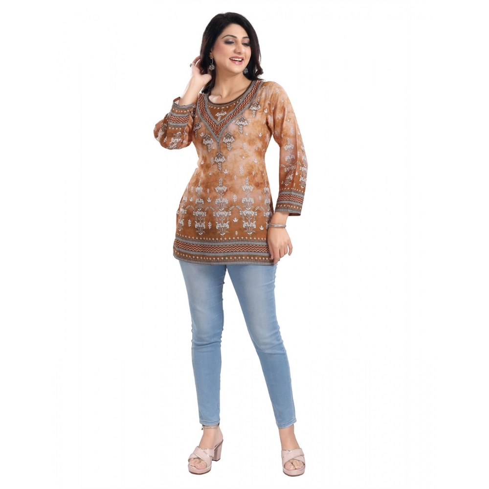 Women's 3/4th Sleeve Faux Crepe Tunic Short Top (Light Brown) - Image 3