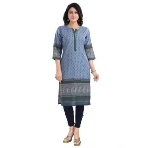 Women's 3/4th Sleeve Cotton Blend Tunic Long Kurti (Blue)