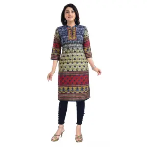 Women's 3/4th Sleeve Cotton Blend Tunic Long Kurti (Multicolor)