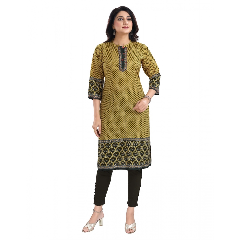 Women's 3/4th Sleeve Cotton Blend Tunic Long Kurti (Yellow) - Image 3