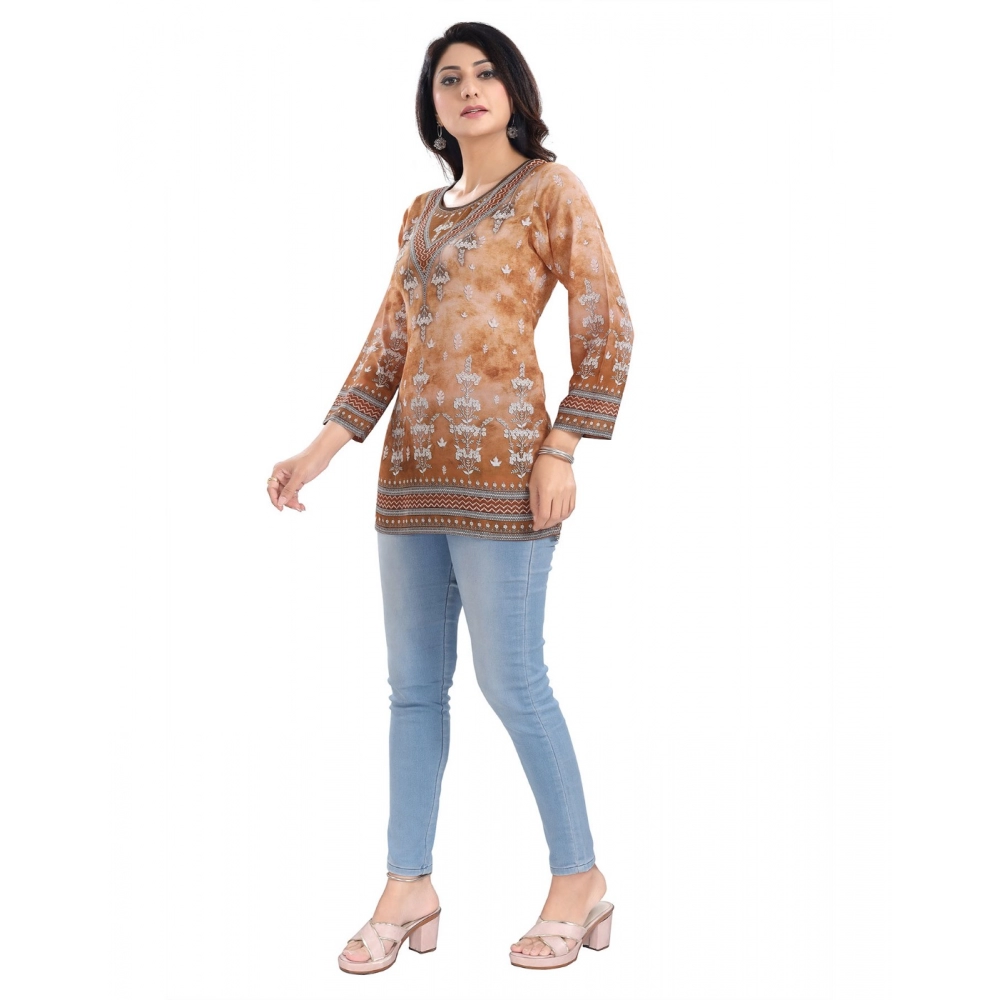 Women's 3/4th Sleeve Faux Crepe Tunic Short Top (Light Brown) - Image 2