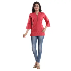 Women's 3/4th Sleeve Polyester Blend Tunic Short Top (Red)