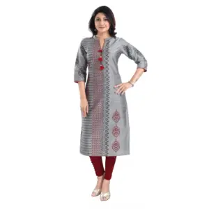 Women's 3/4th Sleeve Silk Blend Tunic Long Kurti (Grey)