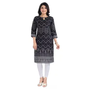 Women's 3/4th Sleeve Cotton Blend Tunic Long Kurti (Black)