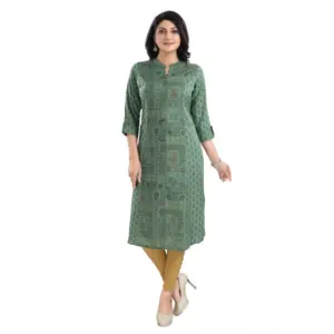 Women's 3/4th Sleeve Viscose Tunic Long Kurti (Green)