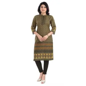 Women's 3/4th Sleeve Cotton Blend Tunic Long Kurti (Yellow)