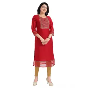 Women's 3/4th Sleeve Silk Blend Tunic Long Kurti (Red)