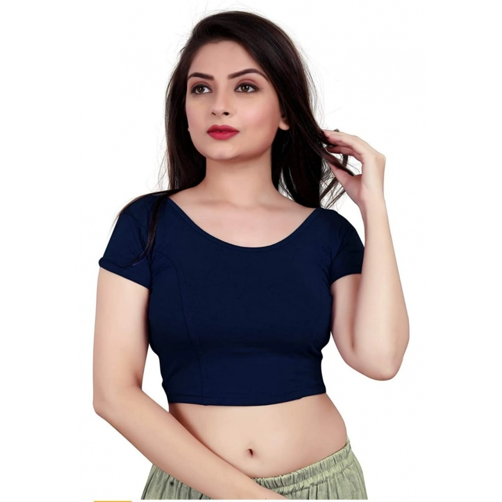 Women's Short Sleeve Cotton Lycra Readymade Blouse (Navy Blue, Free Size)