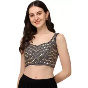 Women's Embriodered Cotton Lycra Padded Readymade Blouse (Navy Blue, Free Size)