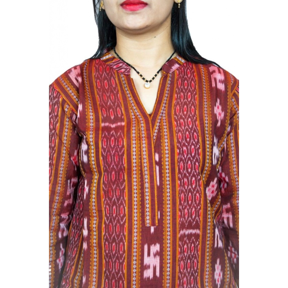 Women's Sambalpuri Certified Handloom Pure Cotton Straight Kurti (Maroon) - Image 2