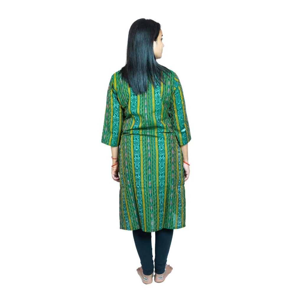 Women's Sambalpuri Certified Handloom Pure Cotton Straight Kurti (Green) - Image 2