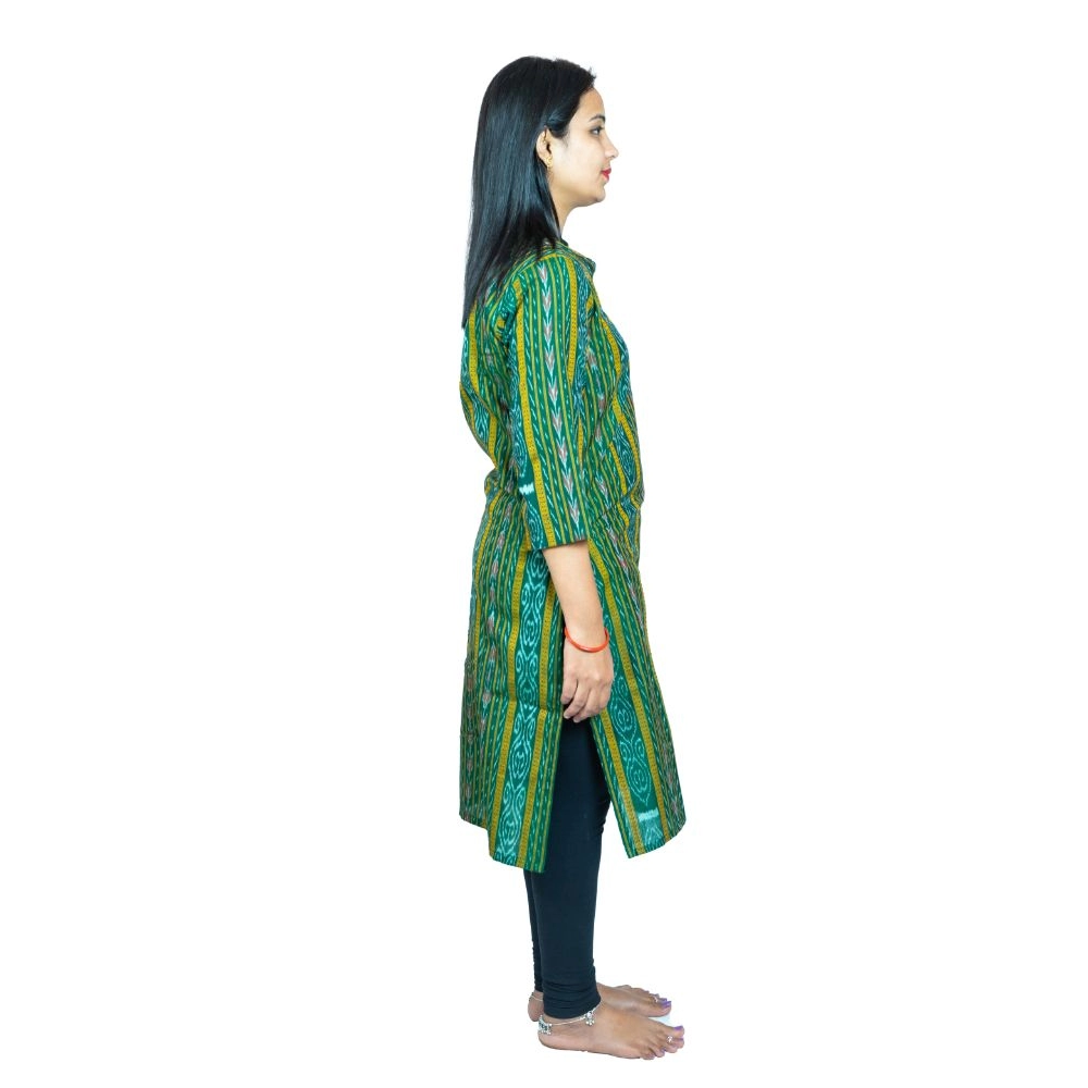 Women's Sambalpuri Certified Handloom Pure Cotton Straight Kurti (Green) - Image 3