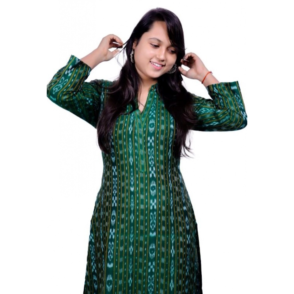 Women's Sambalpuri Certified Handloom Pure Cotton Straight Kurti (Green) - Image 5