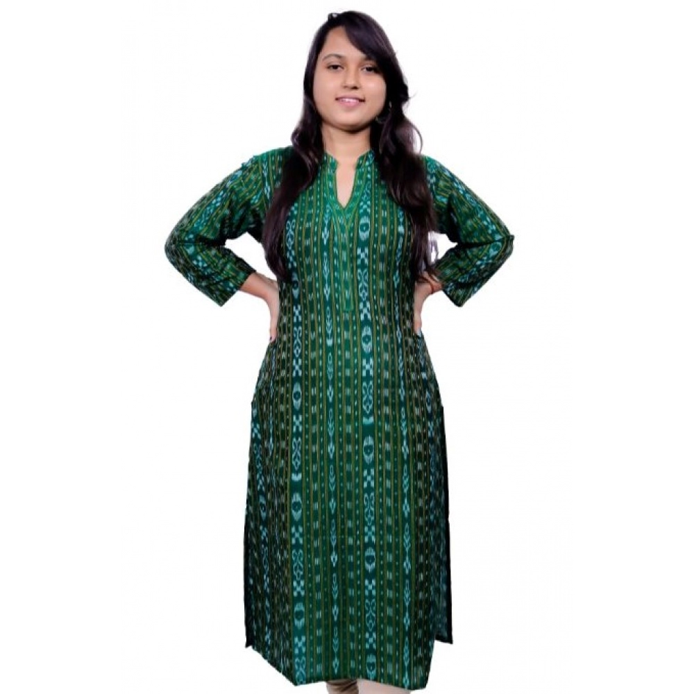 Women's Sambalpuri Certified Handloom Pure Cotton Straight Kurti (Green)