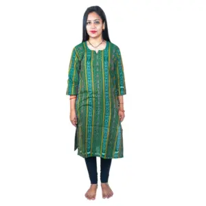Women's Sambalpuri Certified Handloom Pure Cotton Straight Kurti (Green)