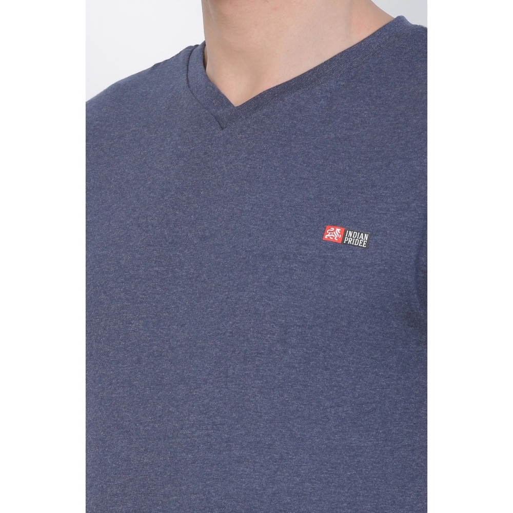 Men's Cotton Jersey V Neck Plain Tshirt (Blue Melange) - Image 4