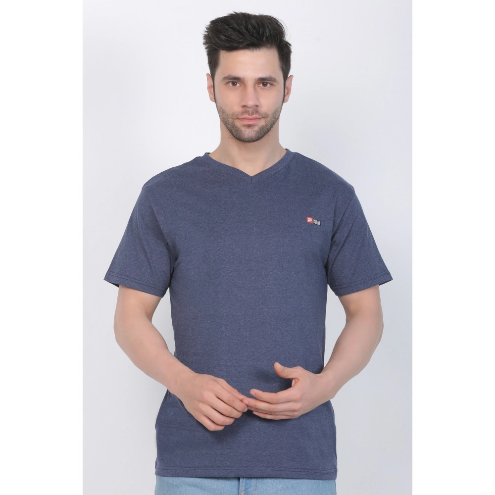 Men's Cotton Jersey V Neck Plain Tshirt (Blue Melange) - Image 6