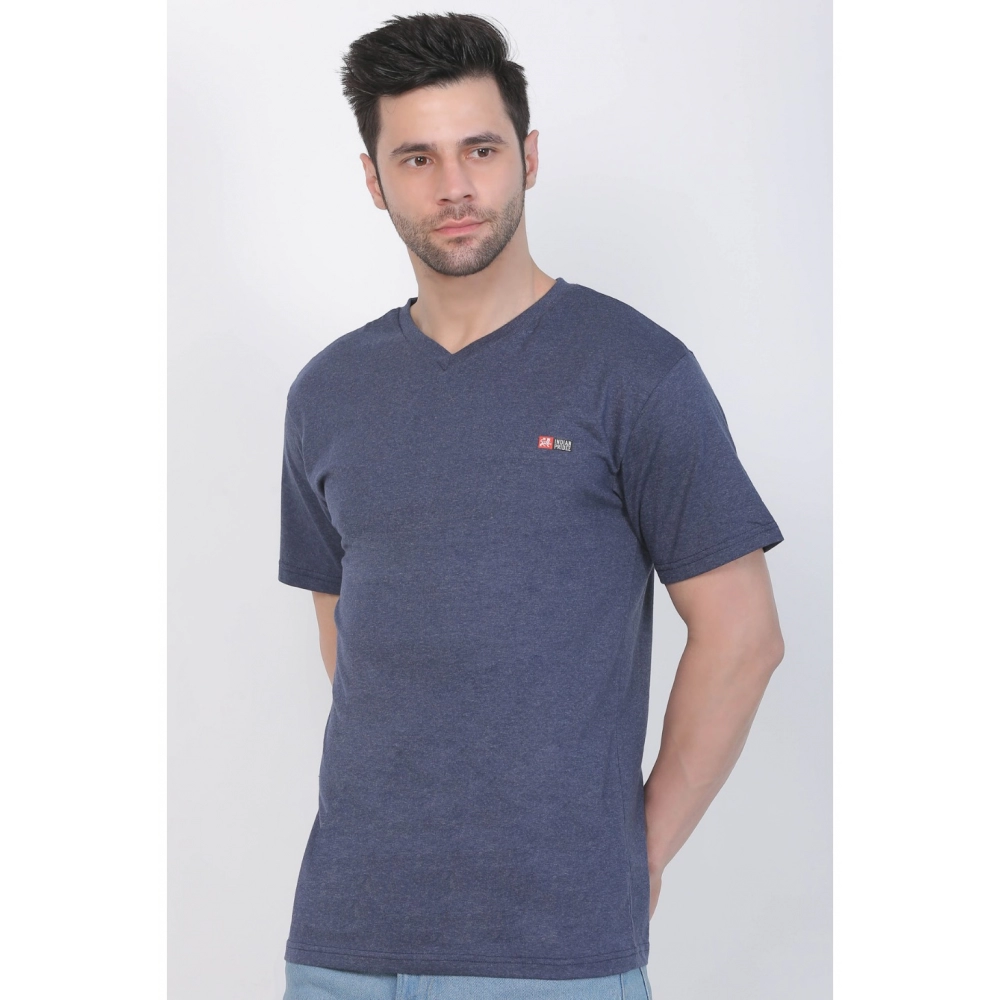 Men's Cotton Jersey V Neck Plain Tshirt (Blue Melange) - Image 8