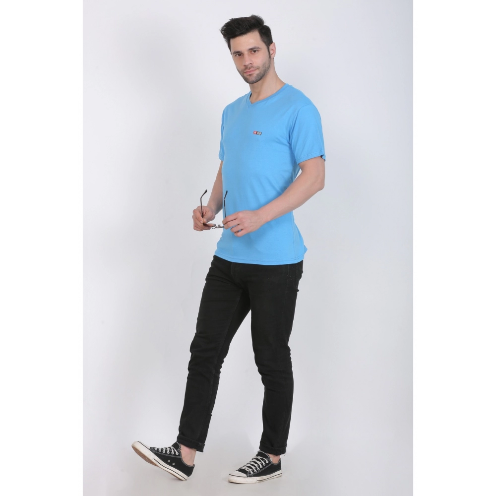 Men's Cotton Jersey V Neck Plain Tshirt (Turquoise Blue) - Image 3