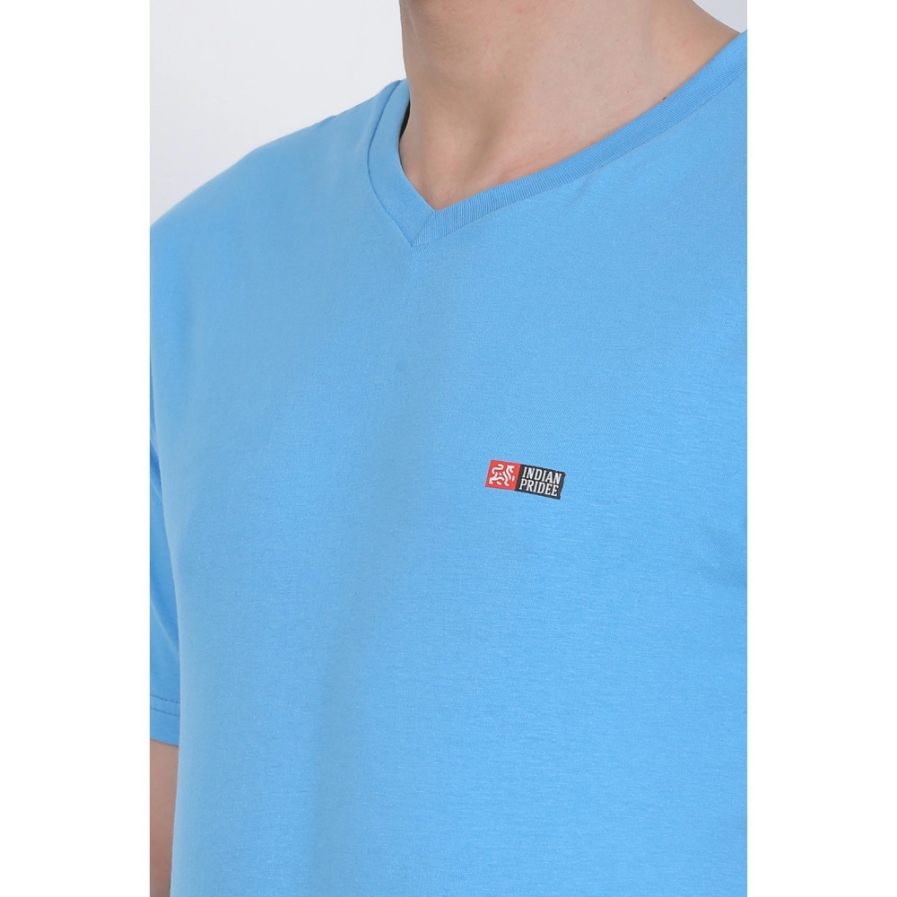 Men's Cotton Jersey V Neck Plain Tshirt (Turquoise Blue) - Image 4