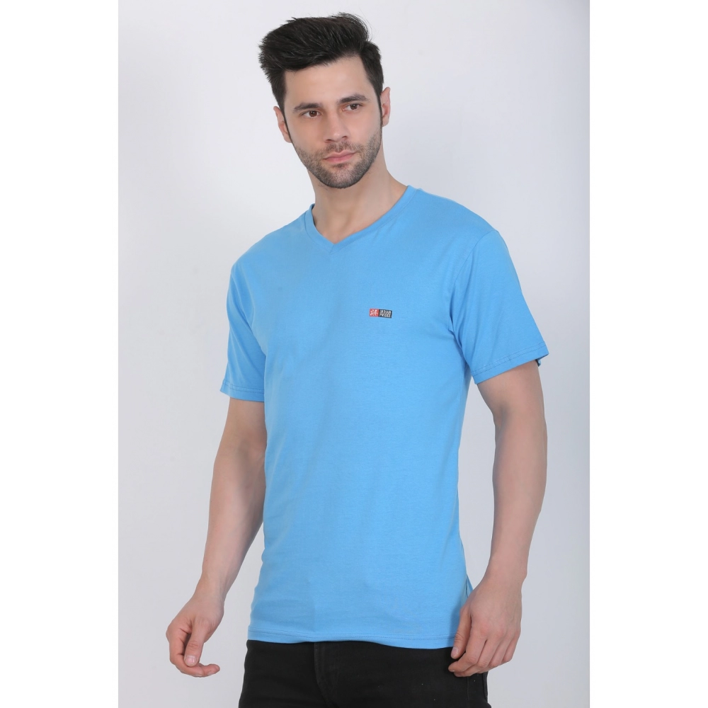 Men's Cotton Jersey V Neck Plain Tshirt (Turquoise Blue) - Image 7