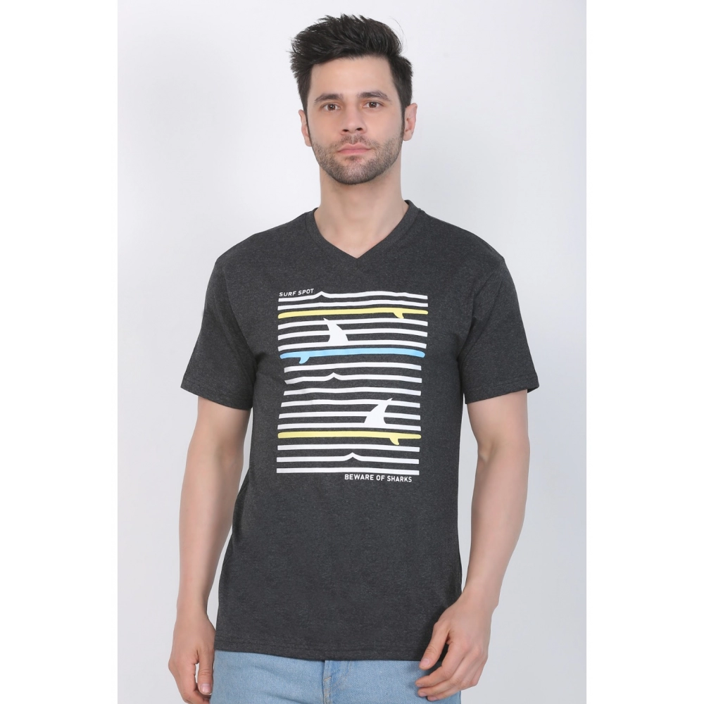 Men's Cotton Jersey V Neck Printed Tshirt (Charcoal Melange) - Image 2