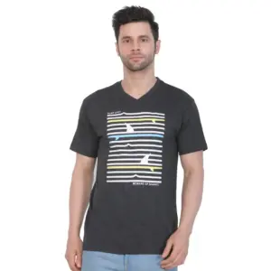 Men's Cotton Jersey V Neck Printed Tshirt (Charcoal Melange)