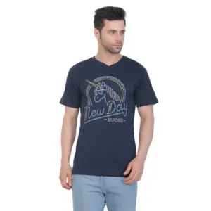 Men's Cotton Jersey V Neck Printed Tshirt (Navy)