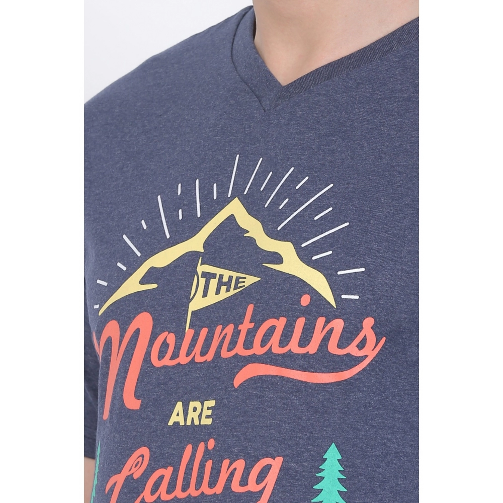 Men's Cotton Jersey V Neck Printed Tshirt (Blue Melange) - Image 5