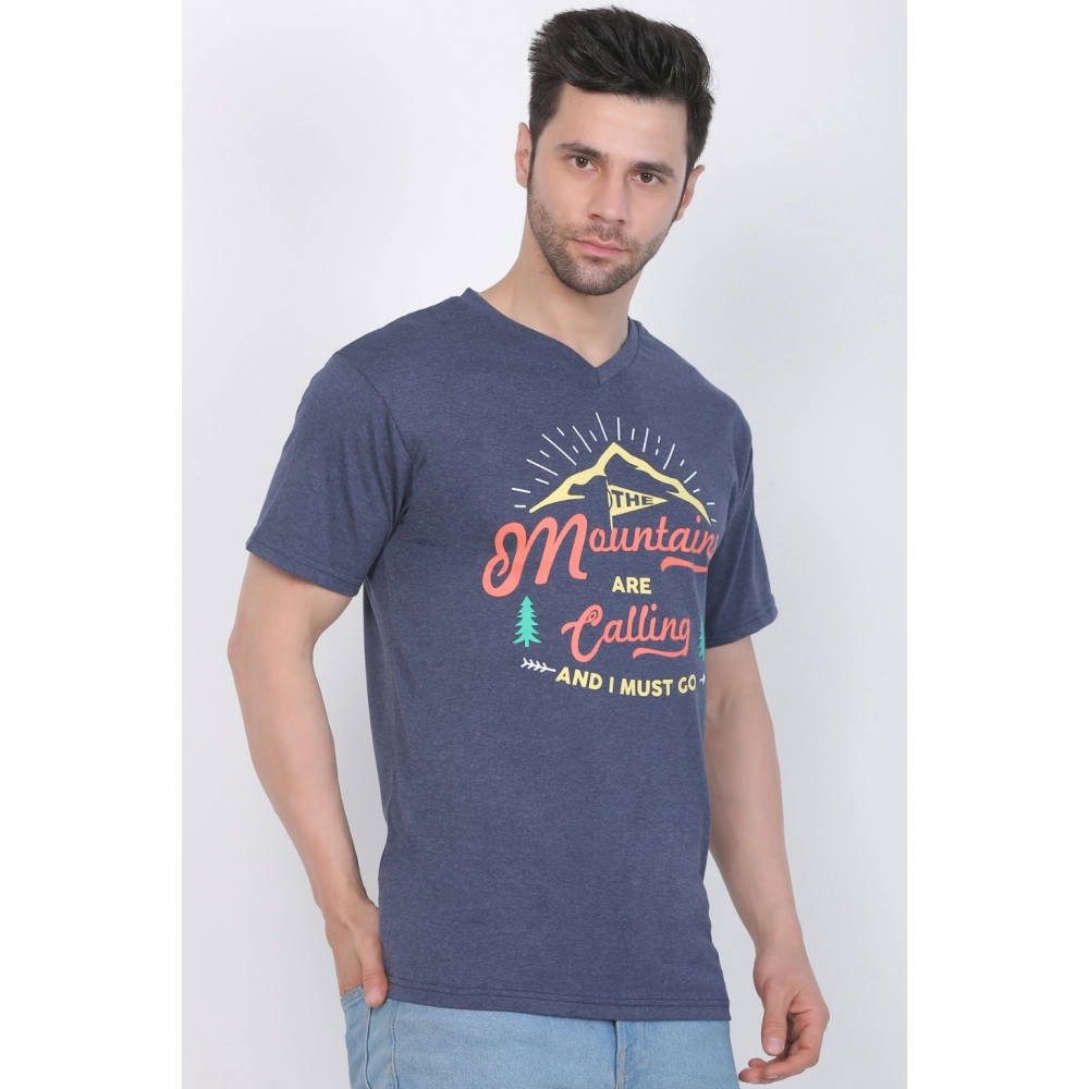 Men's Cotton Jersey V Neck Printed Tshirt (Blue Melange) - Image 8