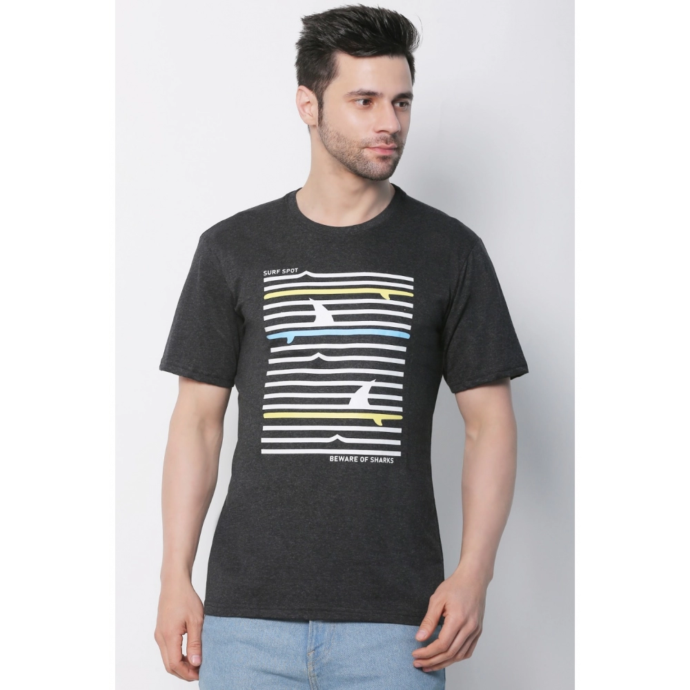 Men's Cotton Jersey Round Neck Printed Tshirt (Charcoal Melange) - Image 3