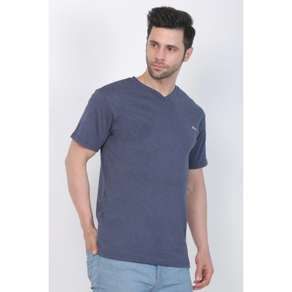 Men's Cotton Jersey V Neck Plain Tshirt (Blue Melange) - Image 5