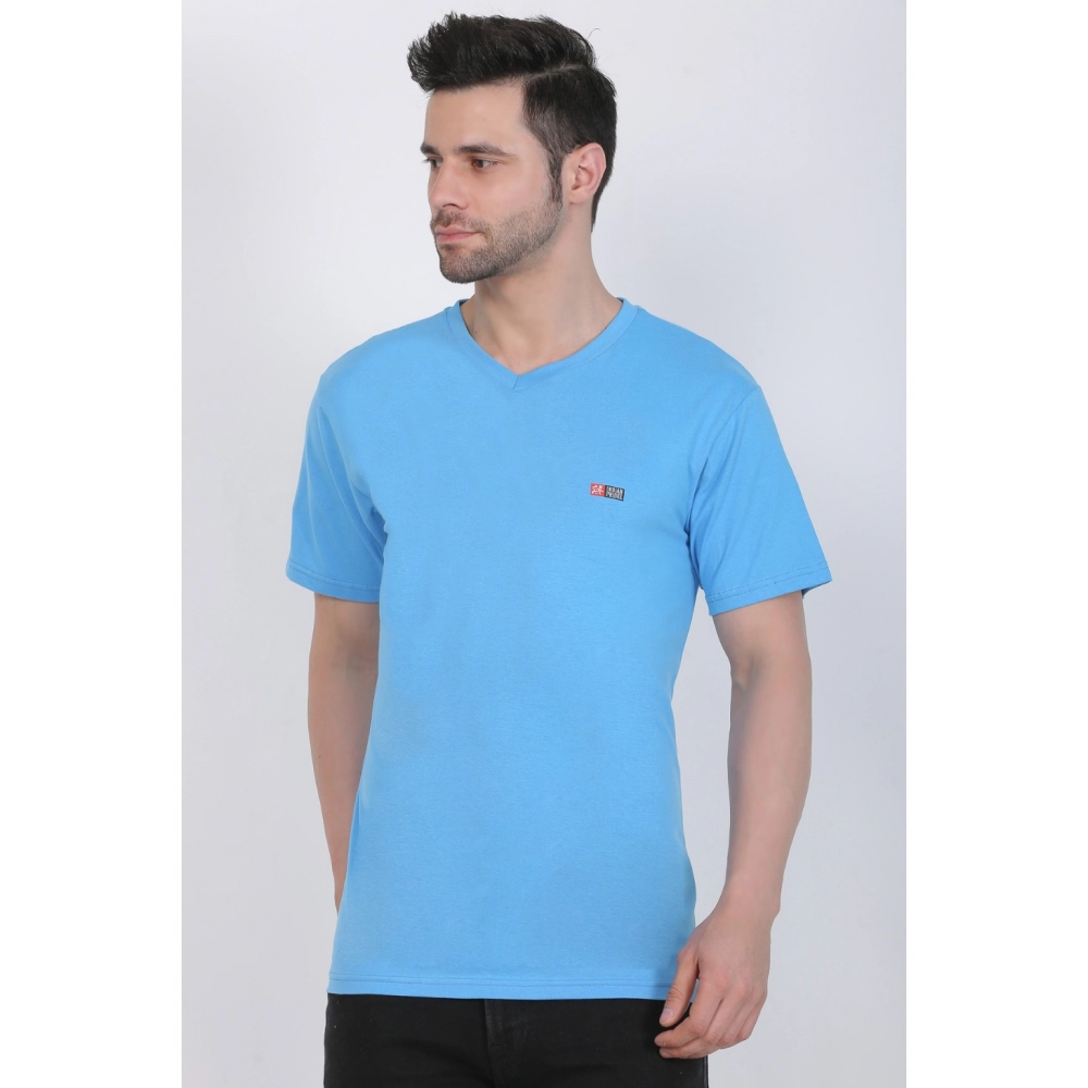 Men's Cotton Jersey V Neck Plain Tshirt (Turquoise Blue) - Image 2