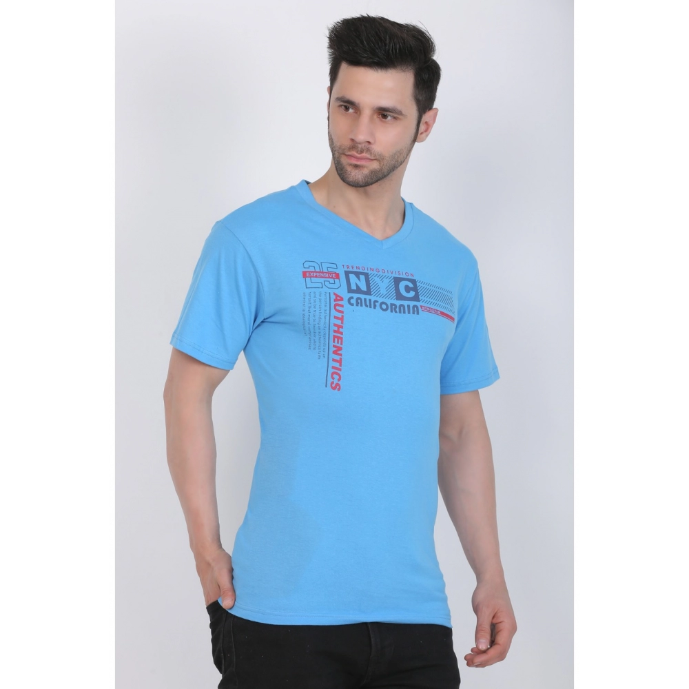 Men's Cotton Jersey V Neck Printed Tshirt (Turquoise Blue) - Image 6