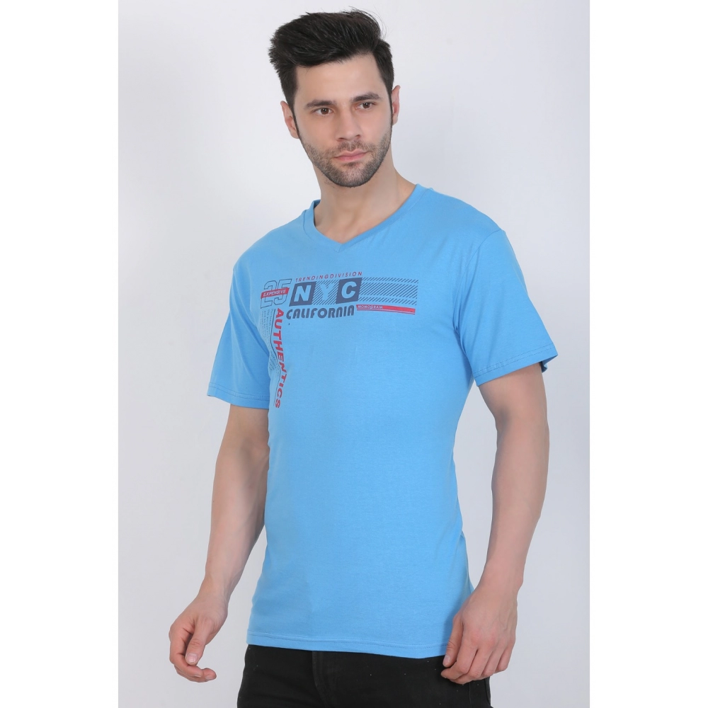 Men's Cotton Jersey V Neck Printed Tshirt (Turquoise Blue) - Image 8