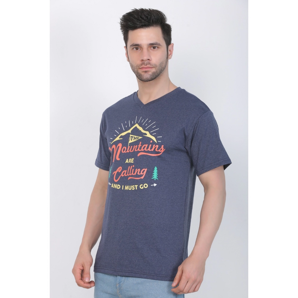 Men's Cotton Jersey V Neck Printed Tshirt (Blue Melange) - Image 6